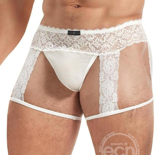 Lace King Men's Lace and Mesh Garter Panty White