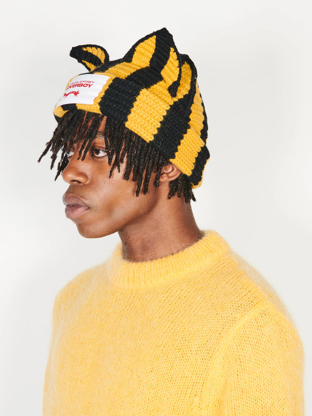 Loverboy by charles jeffrey striped ears beanie black/ yellow