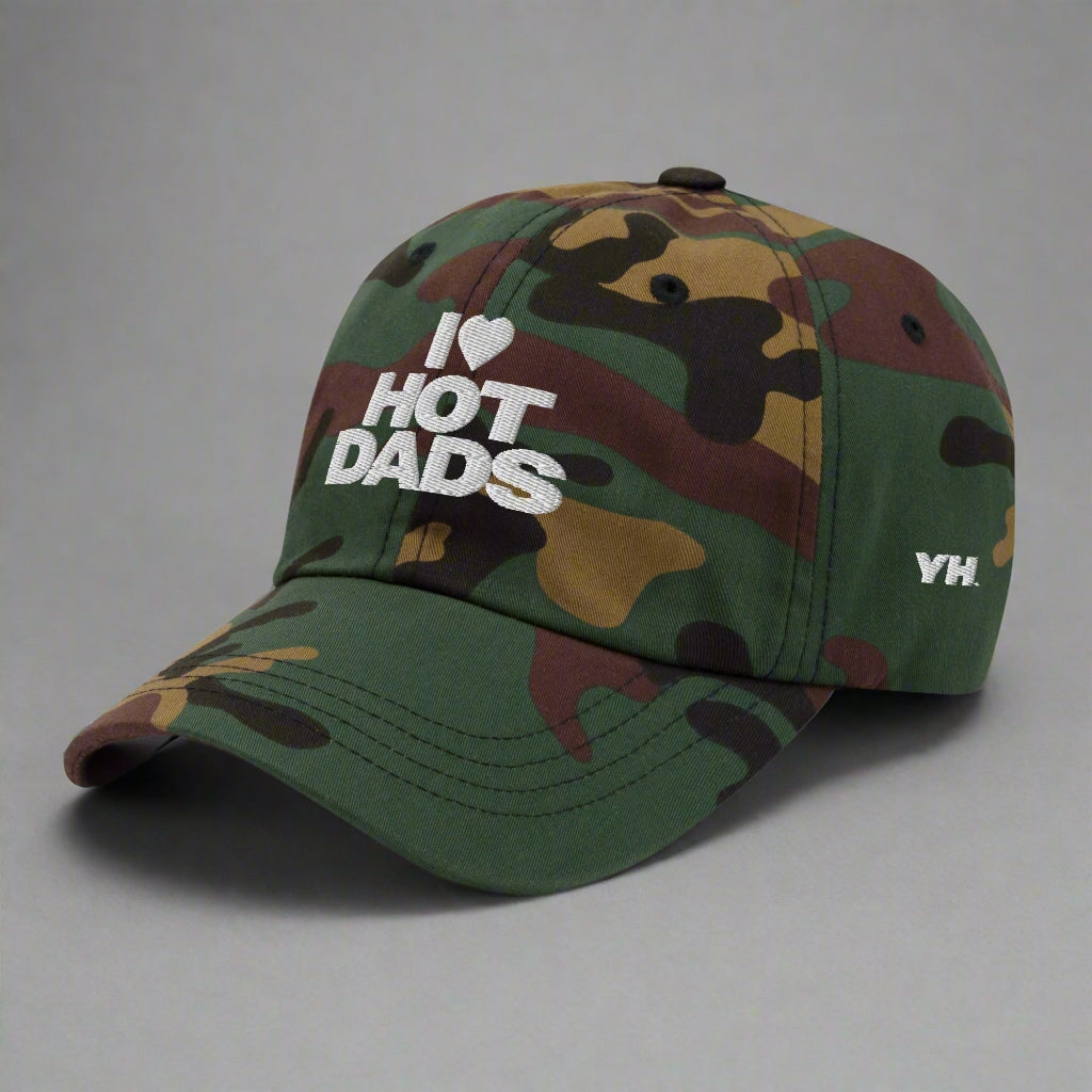 I Love Hot Dads Dad Hat by YES HOMO in Green Camo