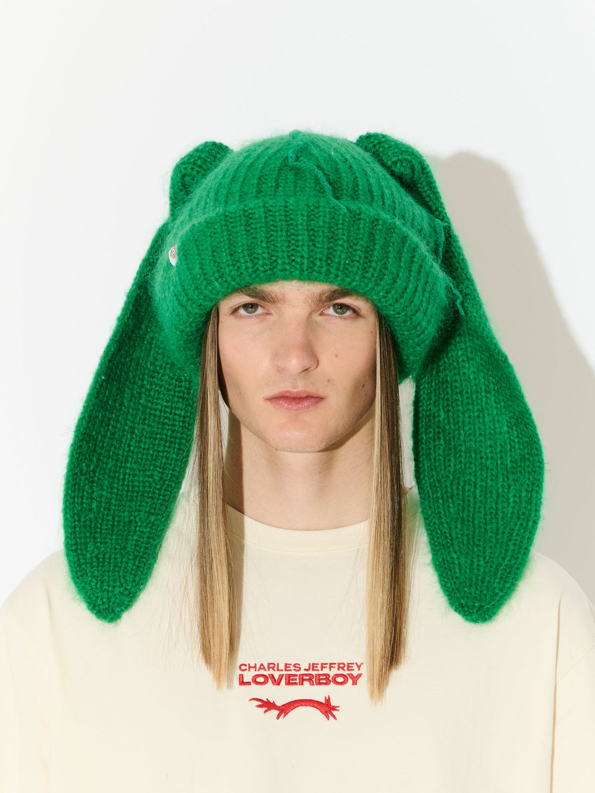 LOVERBOY BY CHARLES JEFFREY MOHAIR CHUNKY RABBIT BEANIE in GREEN