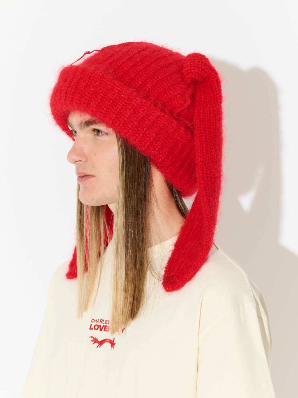 LOVERBOY BY CHARLES JEFFREY MOHAIR CHUNKY RABBIT BEANIE in RED