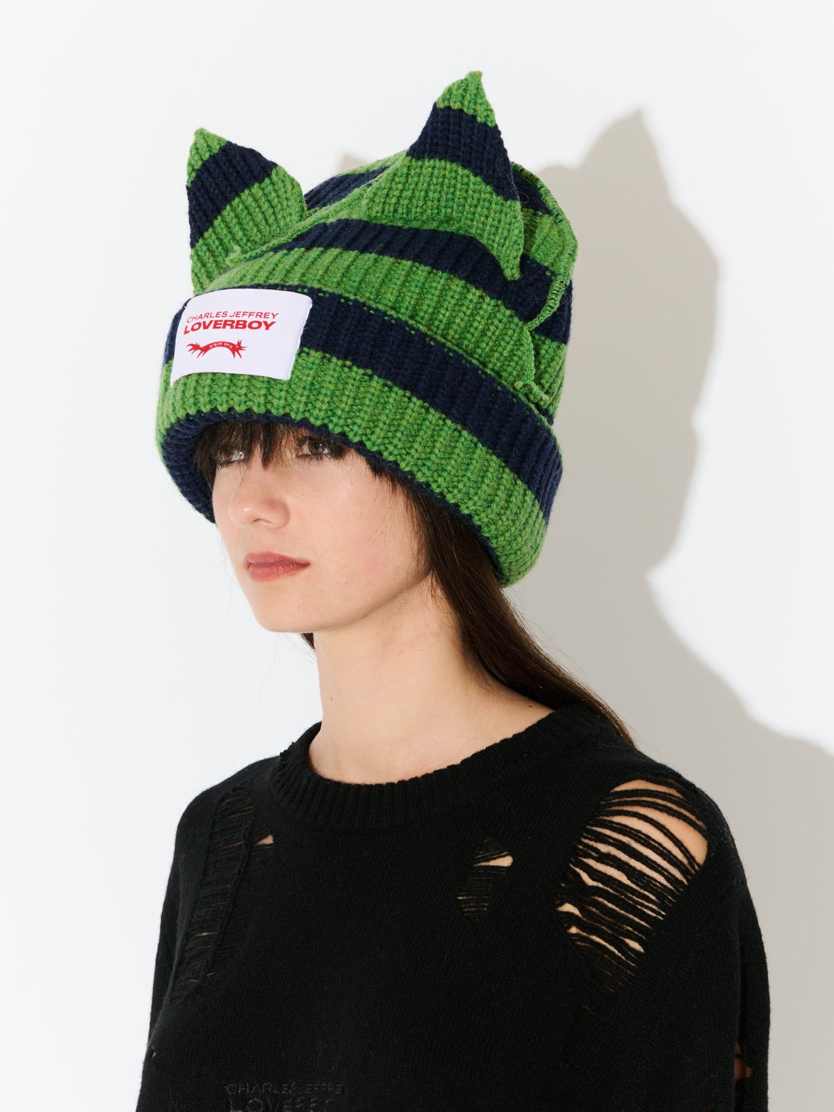 LOVERBOY BY CHARLES JEFFREY SUPERSIZED CHUNKY EARS BEANIE in GREEN NAVY