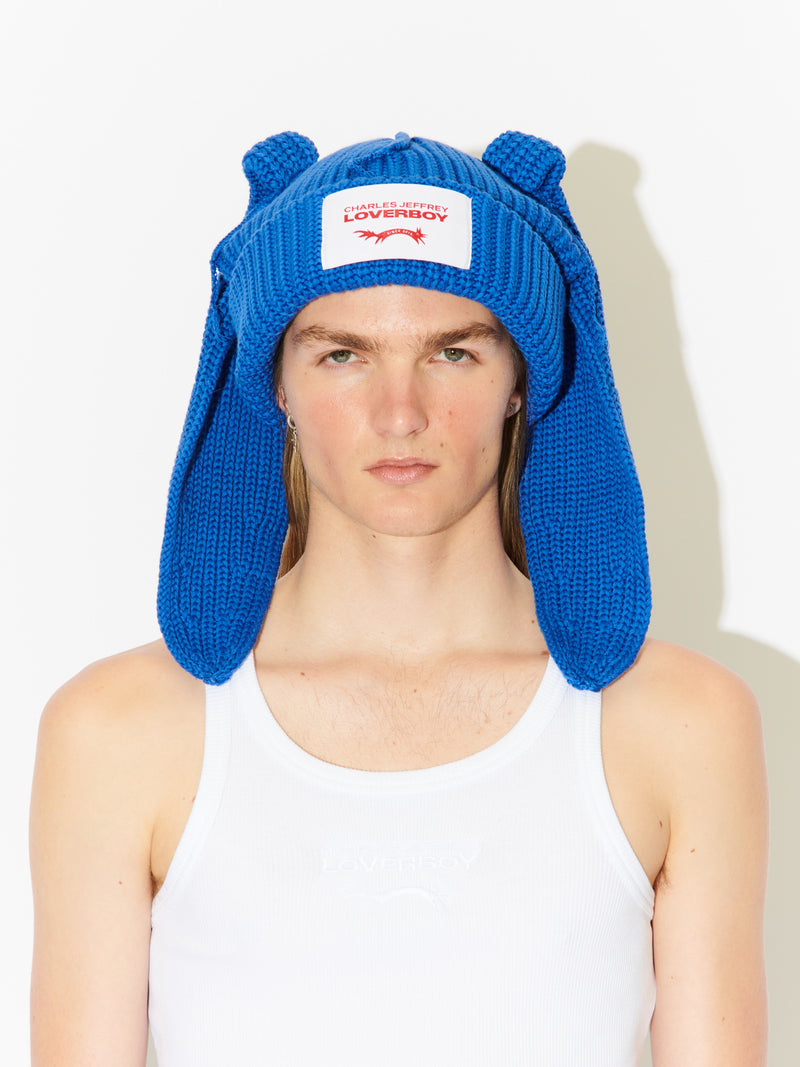 LOVERBOY BY CHARLES JEFFREY CHUNKY RABBIT BEANIE BLUE