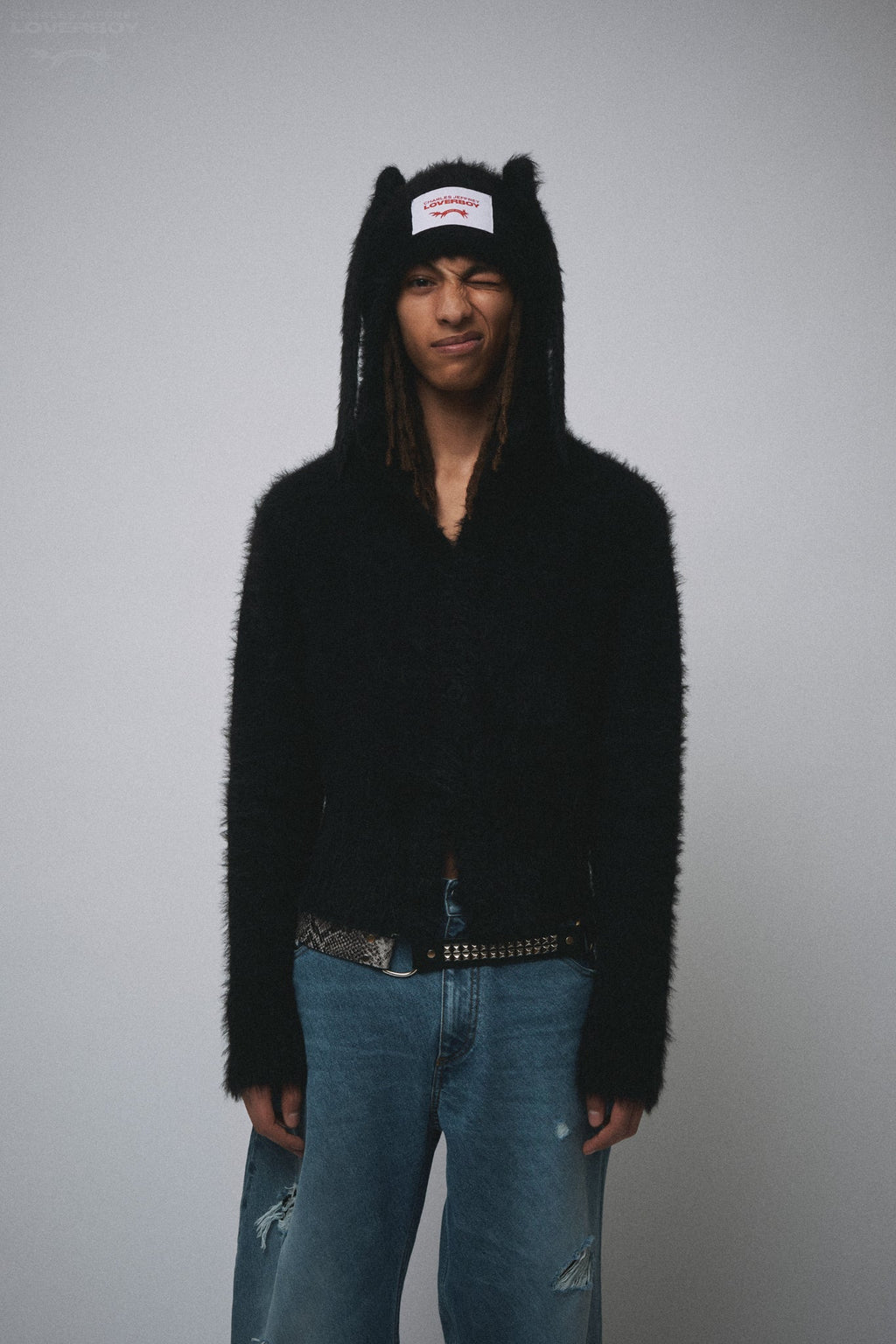 FLUFFY RABBIT BALACLAVA CARDI in BLACK