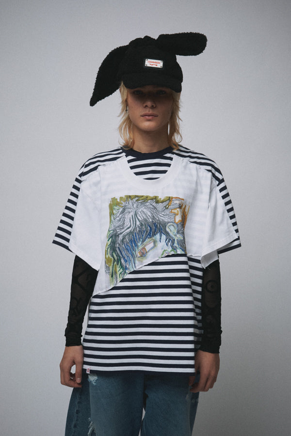 DOUBLE TEE in NAVY + WHITE STRIPE