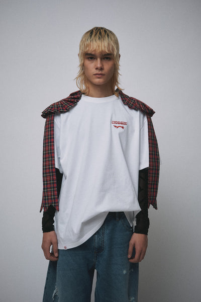 ROSETTE TEE in WHITE + RED TARTAN