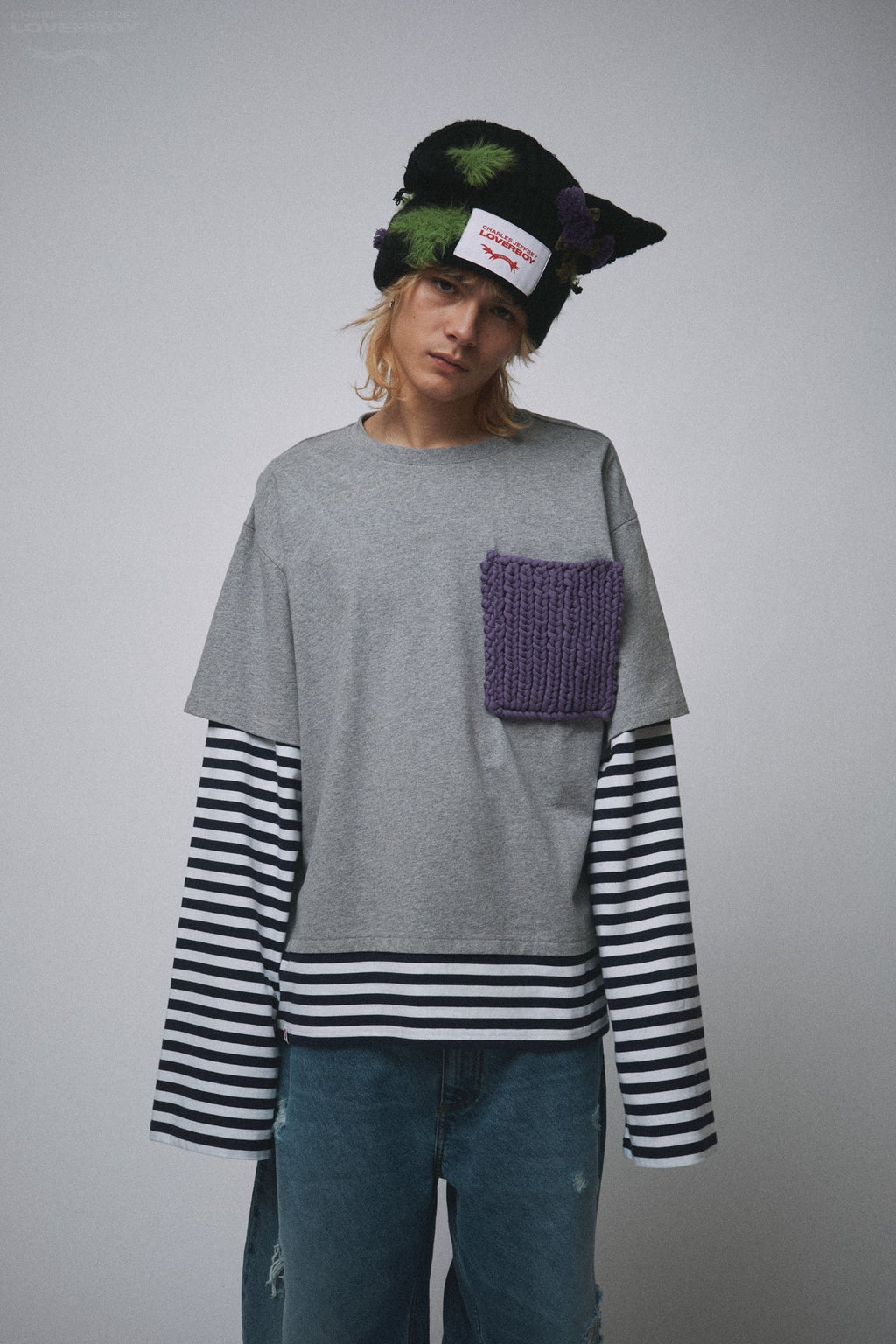LOVERBOY BY CHARLES JEFFREY LONG SLEEVE 2-IN-1 TEE WITH KNIT PATCH in GREY MARL NAVY STRIPE