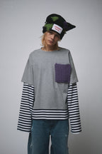 LOVERBOY BY CHARLES JEFFREY LONG SLEEVE 2-IN-1 TEE WITH KNIT PATCH in GREY MARL NAVY STRIPE