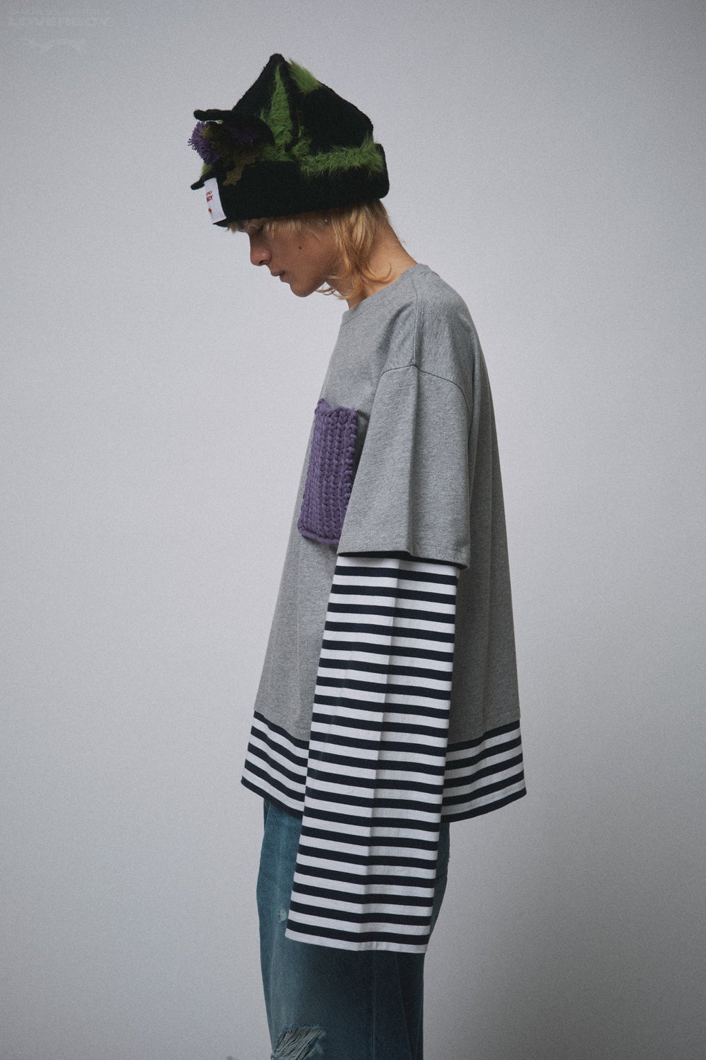 LOVERBOY BY CHARLES JEFFREY LONG SLEEVE 2-IN-1 TEE WITH KNIT PATCH in GREY MARL NAVY STRIPE
