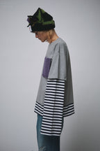 LOVERBOY BY CHARLES JEFFREY LONG SLEEVE 2-IN-1 TEE WITH KNIT PATCH in GREY MARL NAVY STRIPE