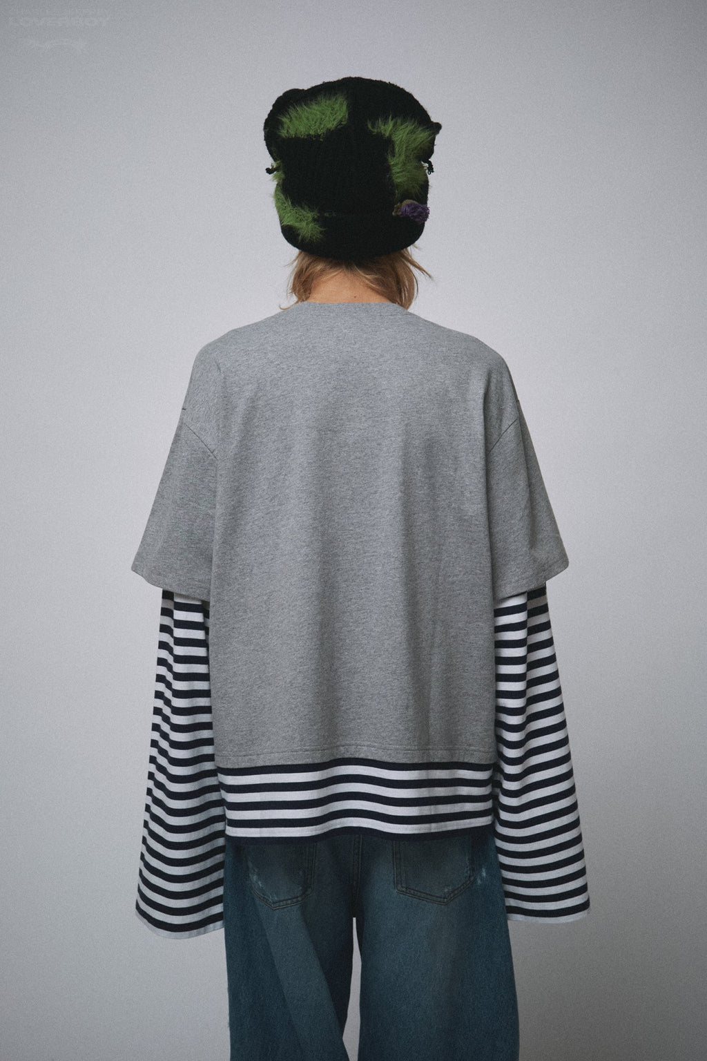 LOVERBOY BY CHARLES JEFFREY LONG SLEEVE 2-IN-1 TEE WITH KNIT PATCH in GREY MARL NAVY STRIPE