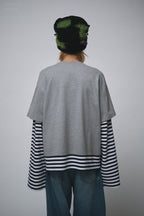 LOVERBOY BY CHARLES JEFFREY LONG SLEEVE 2-IN-1 TEE WITH KNIT PATCH in GREY MARL NAVY STRIPE