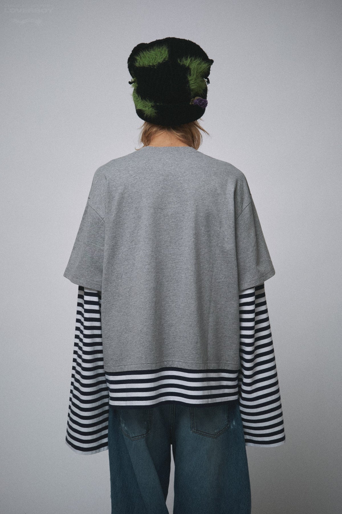 LOVERBOY BY CHARLES JEFFREY LONG SLEEVE 2-IN-1 TEE WITH KNIT PATCH in GREY MARL NAVY STRIPE