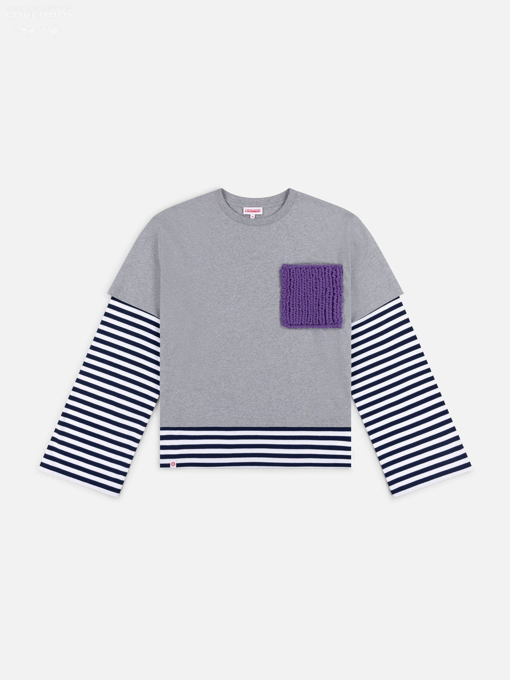 LOVERBOY BY CHARLES JEFFREY LONG SLEEVE 2-IN-1 TEE WITH KNIT PATCH in GREY MARL NAVY STRIPE