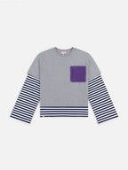 LOVERBOY BY CHARLES JEFFREY LONG SLEEVE 2-IN-1 TEE WITH KNIT PATCH in GREY MARL NAVY STRIPE
