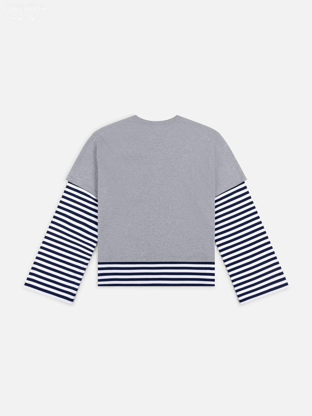 LOVERBOY BY CHARLES JEFFREY LONG SLEEVE 2-IN-1 TEE WITH KNIT PATCH in GREY MARL NAVY STRIPE