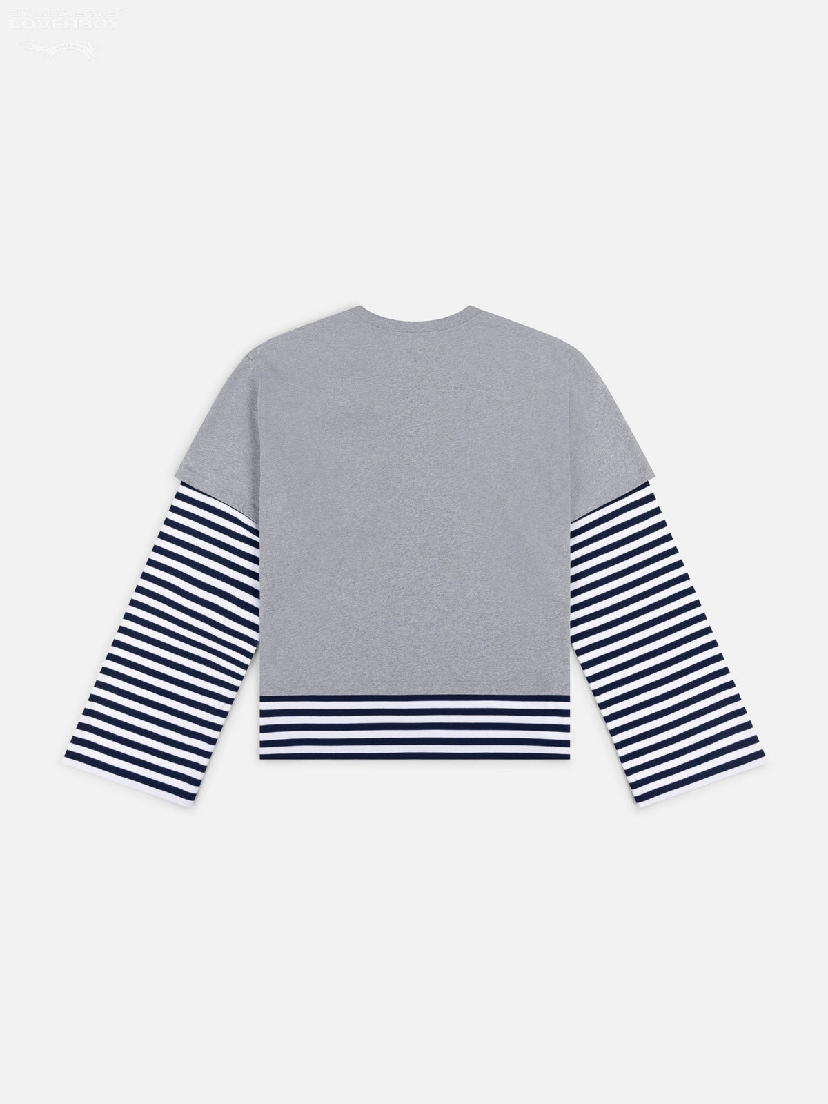 LOVERBOY BY CHARLES JEFFREY LONG SLEEVE 2-IN-1 TEE WITH KNIT PATCH in GREY MARL NAVY STRIPE