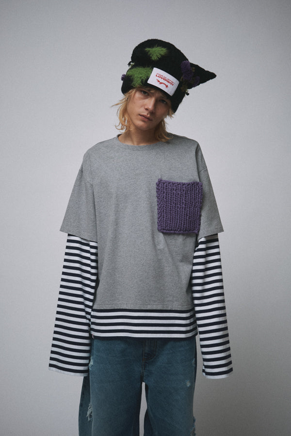 LONG SLEEVE 2-IN-1 TEE WITH KNIT PATCH in GREY MARL NAVY STRIPE