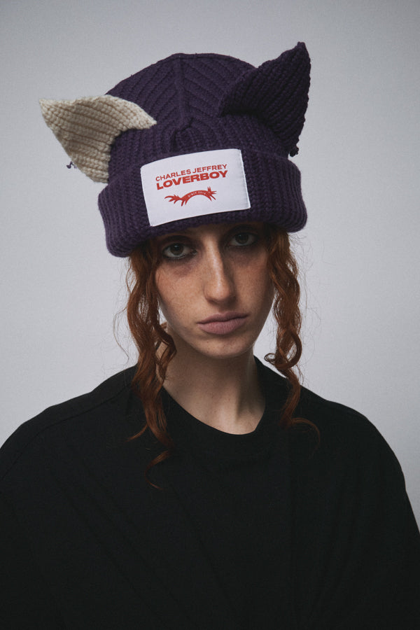 CHUNKY EARS BEANIE in PURPLE + ECRU
