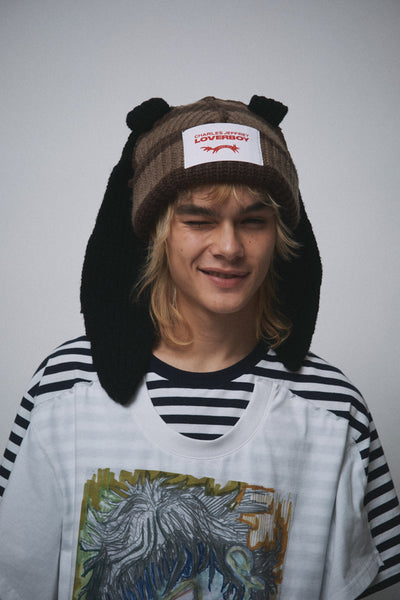 CHUNKY RABBIT BEANIE in BROWN + LIGHT BROWN + BLACK