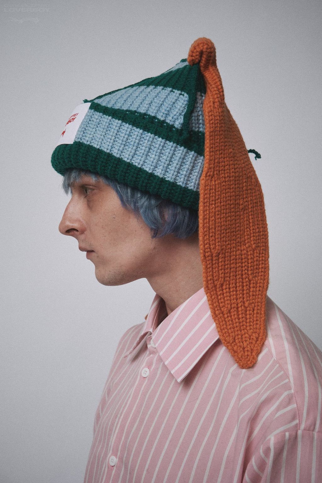 LOVERBOY BY CHARLES JEFFREY CHUNKY RABBIT BEANIE in GREEN LIGHT BLUE ORANGE
