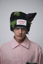 ARTISANAL BEANIE WITH THISTLES in BLACK GREEN PURPLE