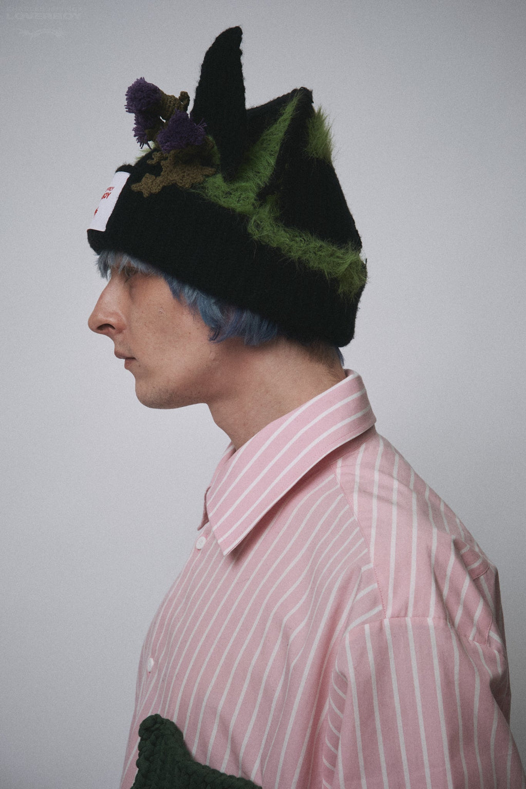 LOVERBOY BY CHARLES JEFFREY ARTISANAL BEANIE WITH THISTLES in BLACK GREEN PURPLE