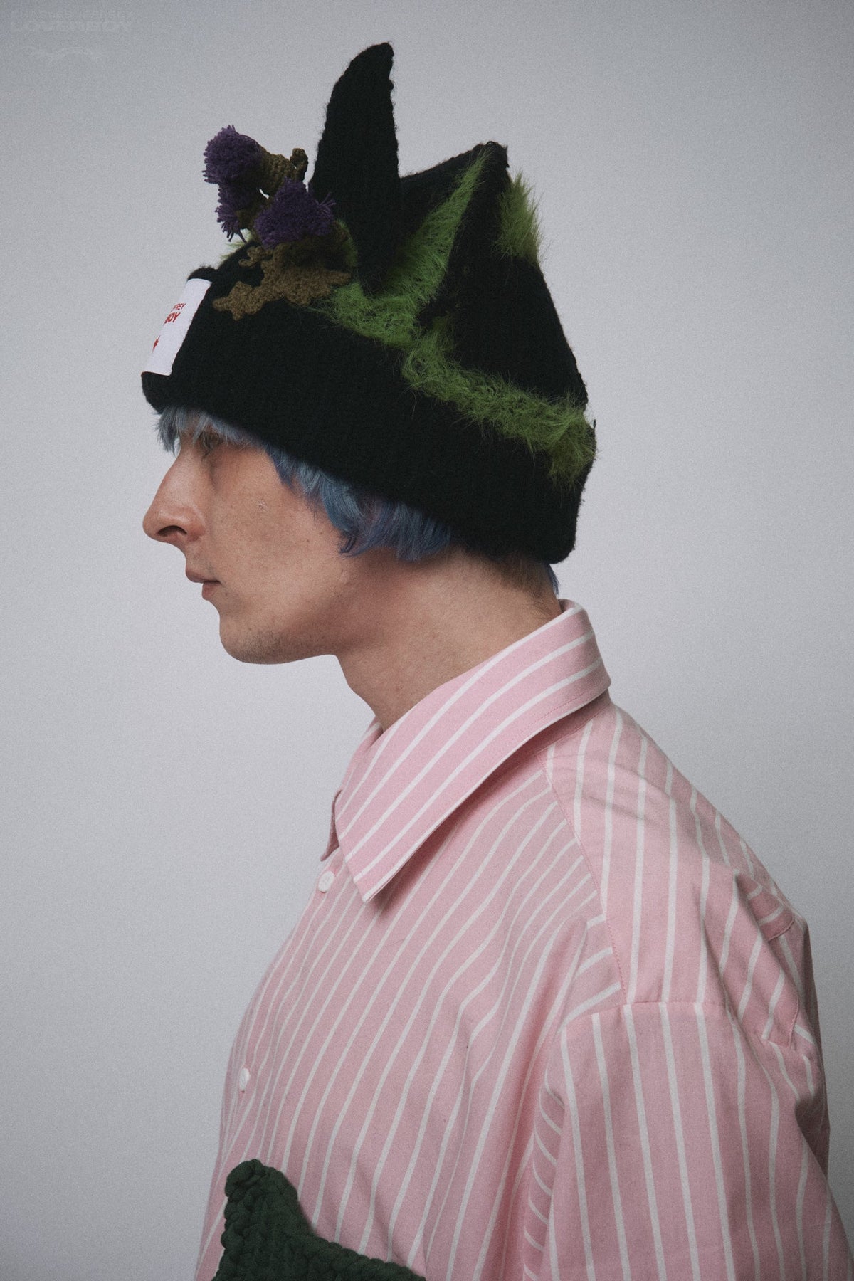 LOVERBOY BY CHARLES JEFFREY ARTISANAL BEANIE WITH THISTLES in BLACK GREEN PURPLE