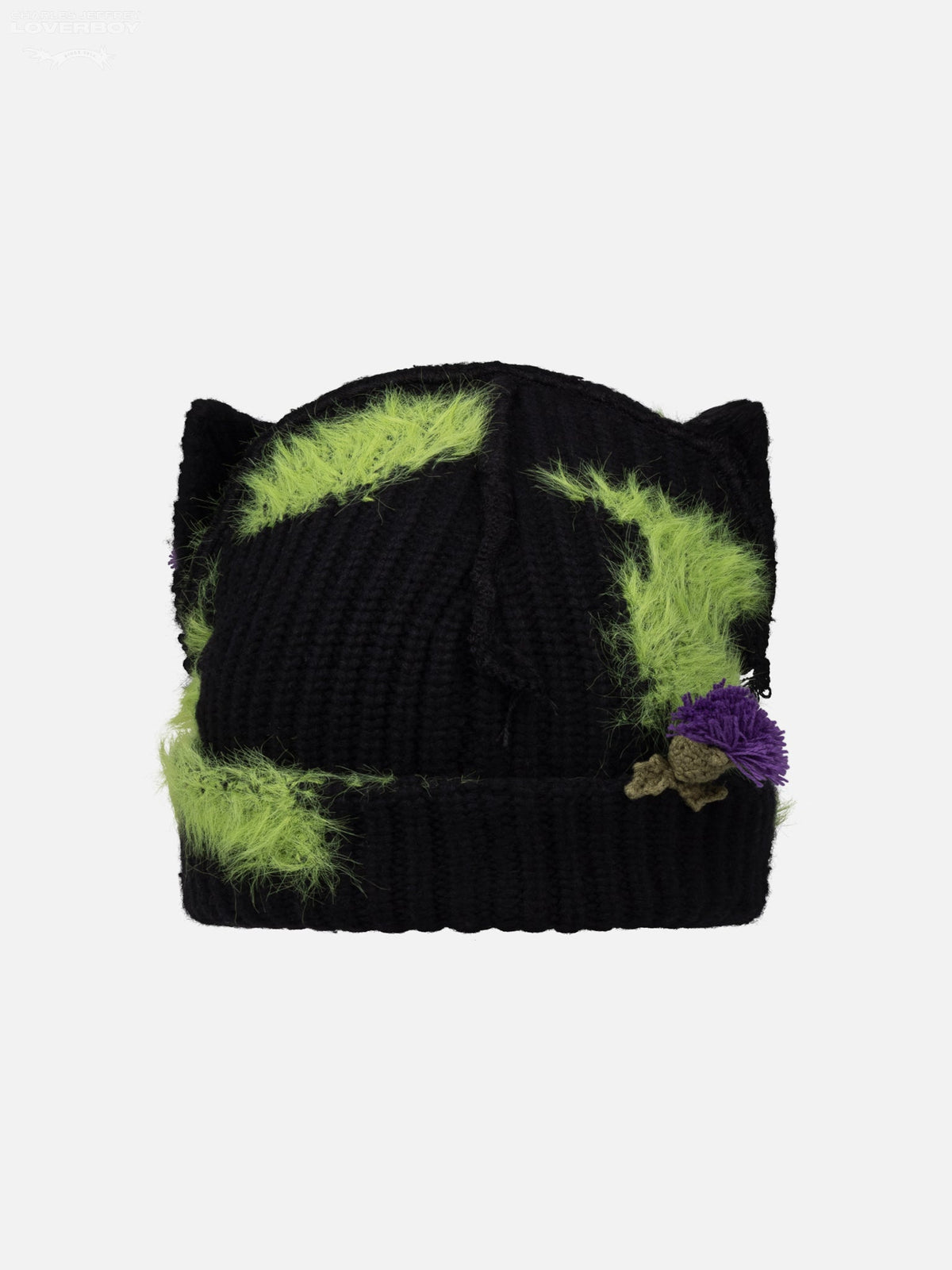LOVERBOY BY CHARLES JEFFREY ARTISANAL BEANIE WITH THISTLES in BLACK GREEN PURPLE