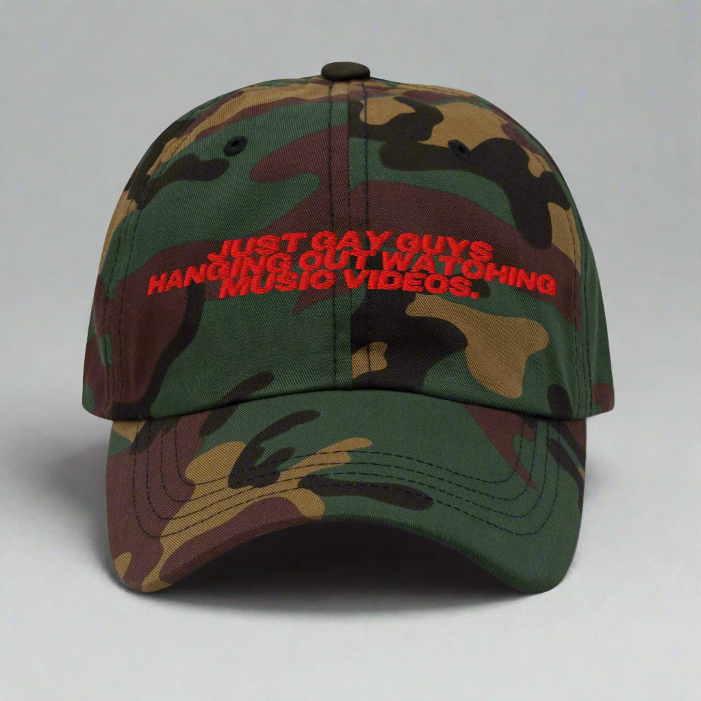 Just Gay Guys Hanging Out Watching Music Videos Dad Hat by YES HOMO - Green Camo