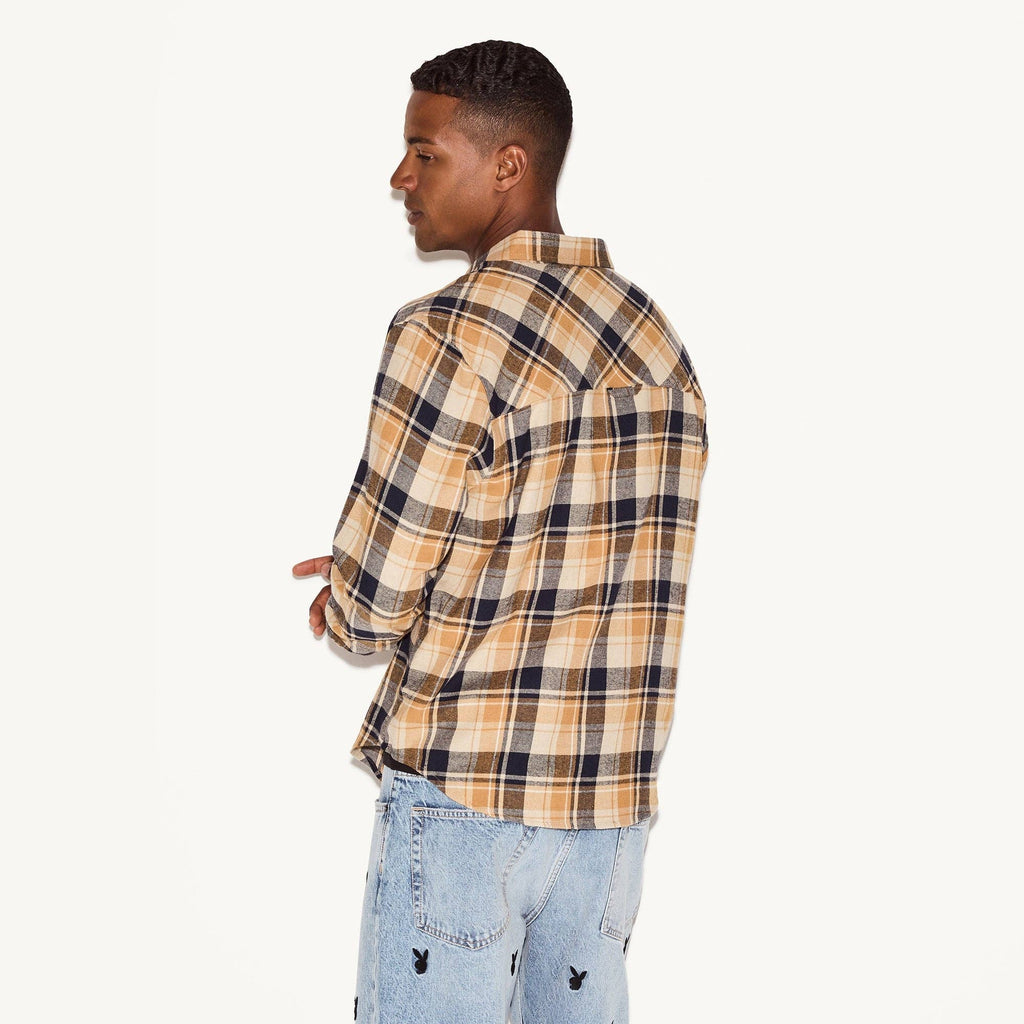 PLAYBOY Men's Tan Flannel Long Sleeve Shirt