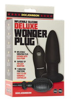 Deluxe Wonder Plug Inflatable Silicone Vibrating Butt Plug with Wired Remote Control - Black