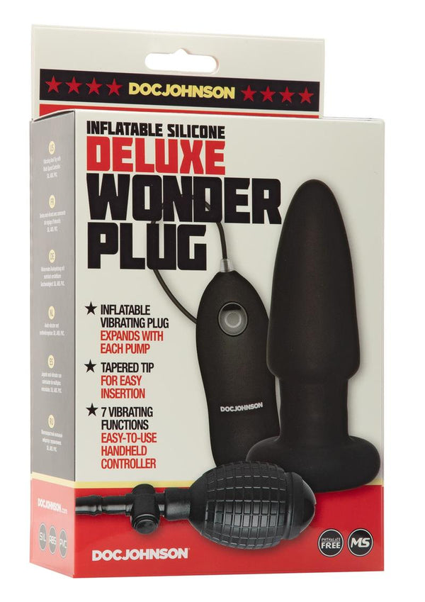 Deluxe Wonder Plug Inflatable Silicone Vibrating Butt Plug with Wired Remote Control - Black