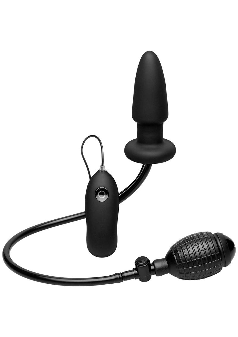 Deluxe Wonder Plug Inflatable Silicone Vibrating Butt Plug with Wired Remote Control - Black