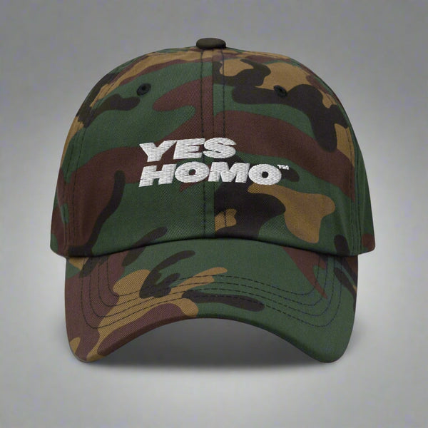 Yes Homo Dad Hat in Green Camo