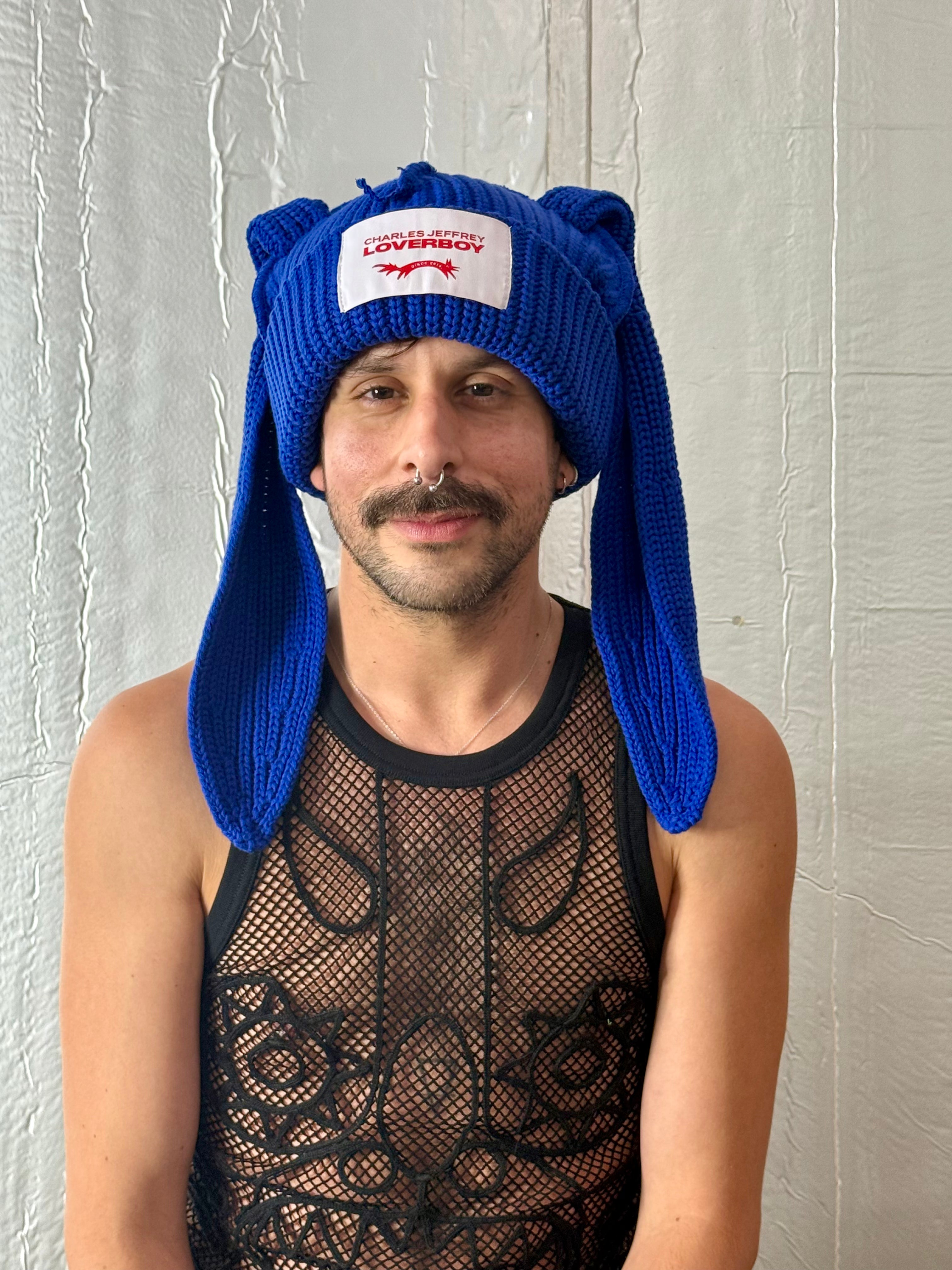 LOVERBOY BY CHARLES JEFFREY CHUNKY RABBIT BEANIE BLUE