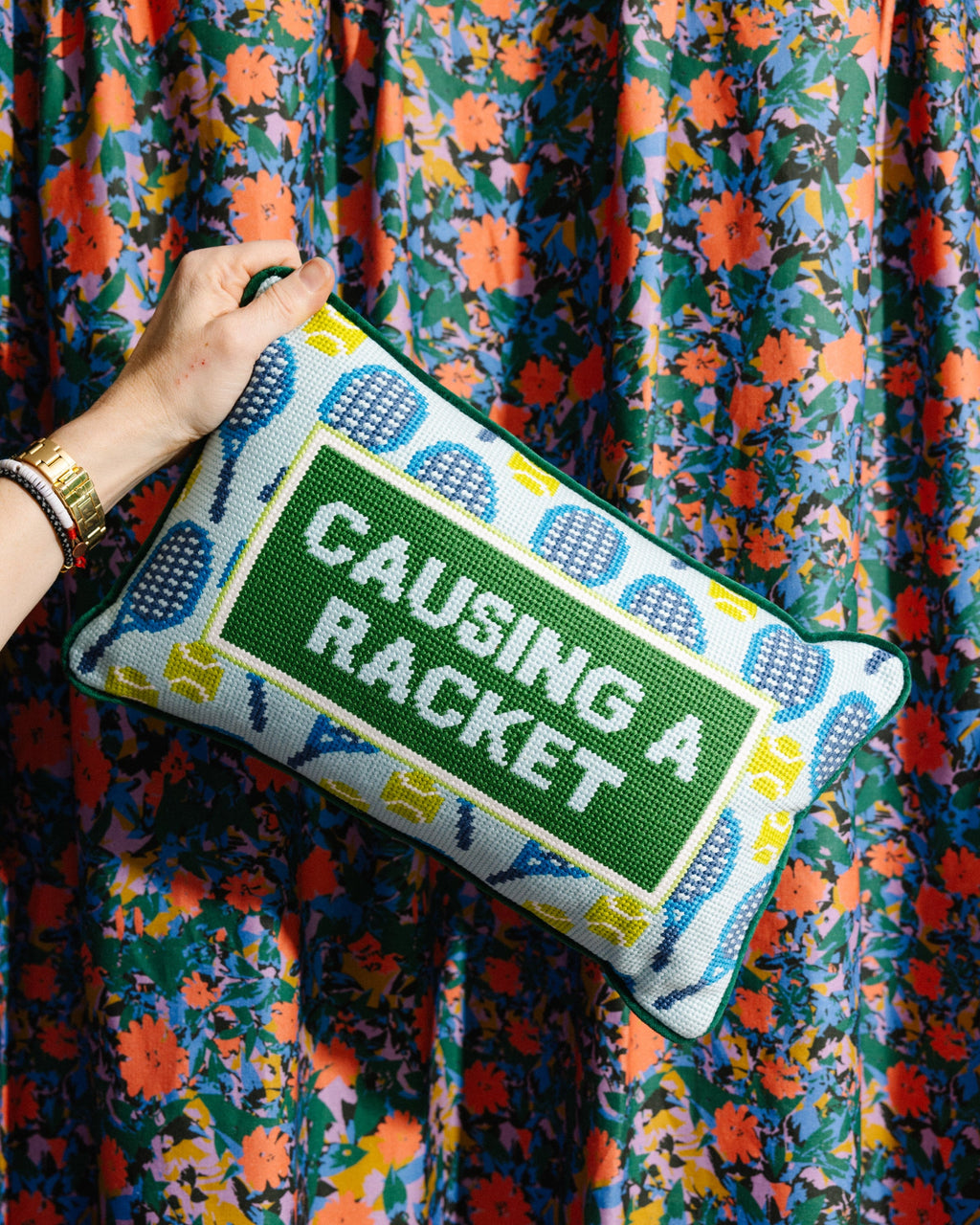 Causing A Racket Needlepoint Pillow