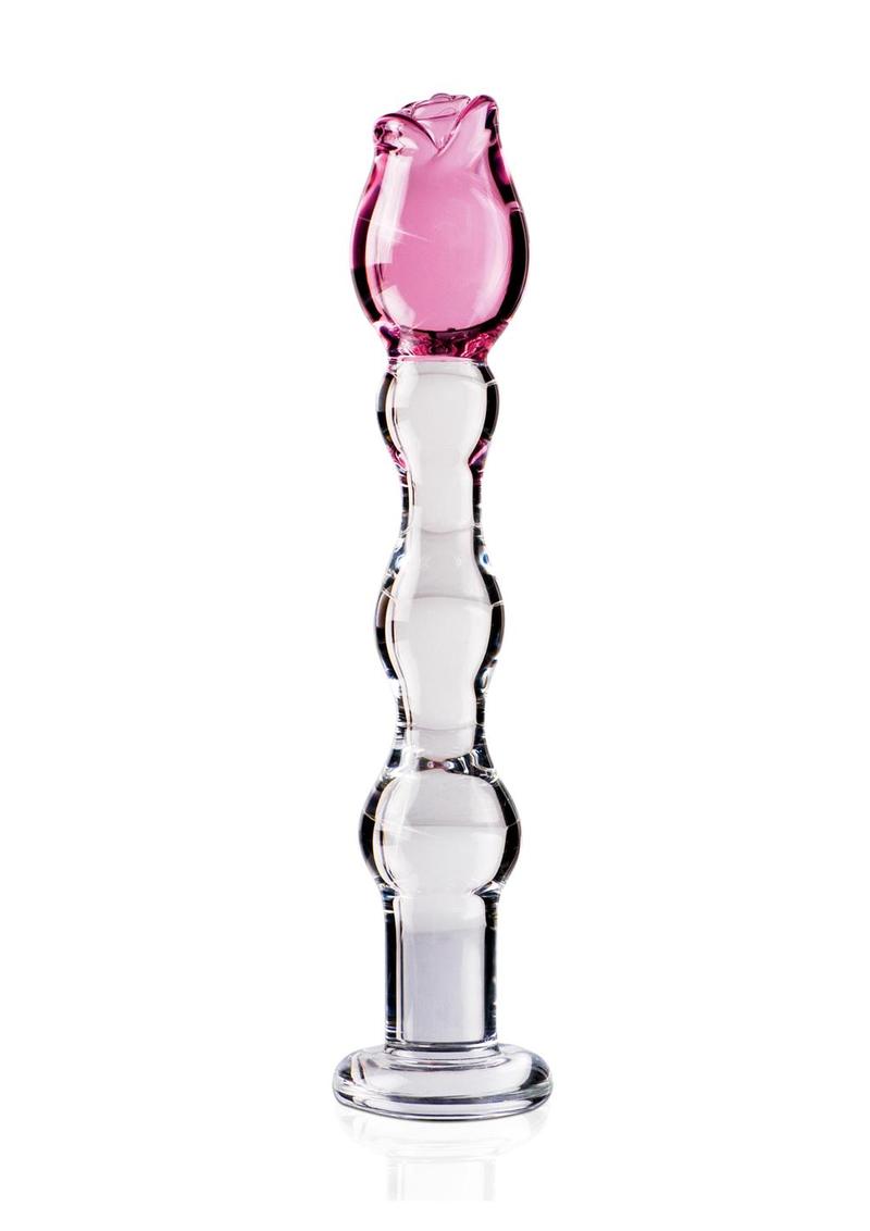 Icicles No. 12 Beaded Flower Glass Dildo 7.25in - Clear/Pink