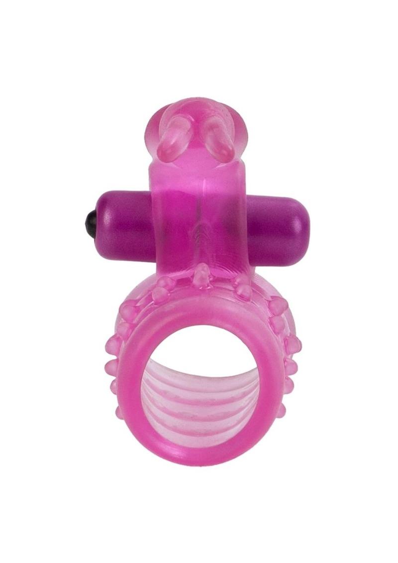Basic Essentials Stretchy Vibrating Bunny Enhancer Cock Ring with Clitoral Stimulation - Pink