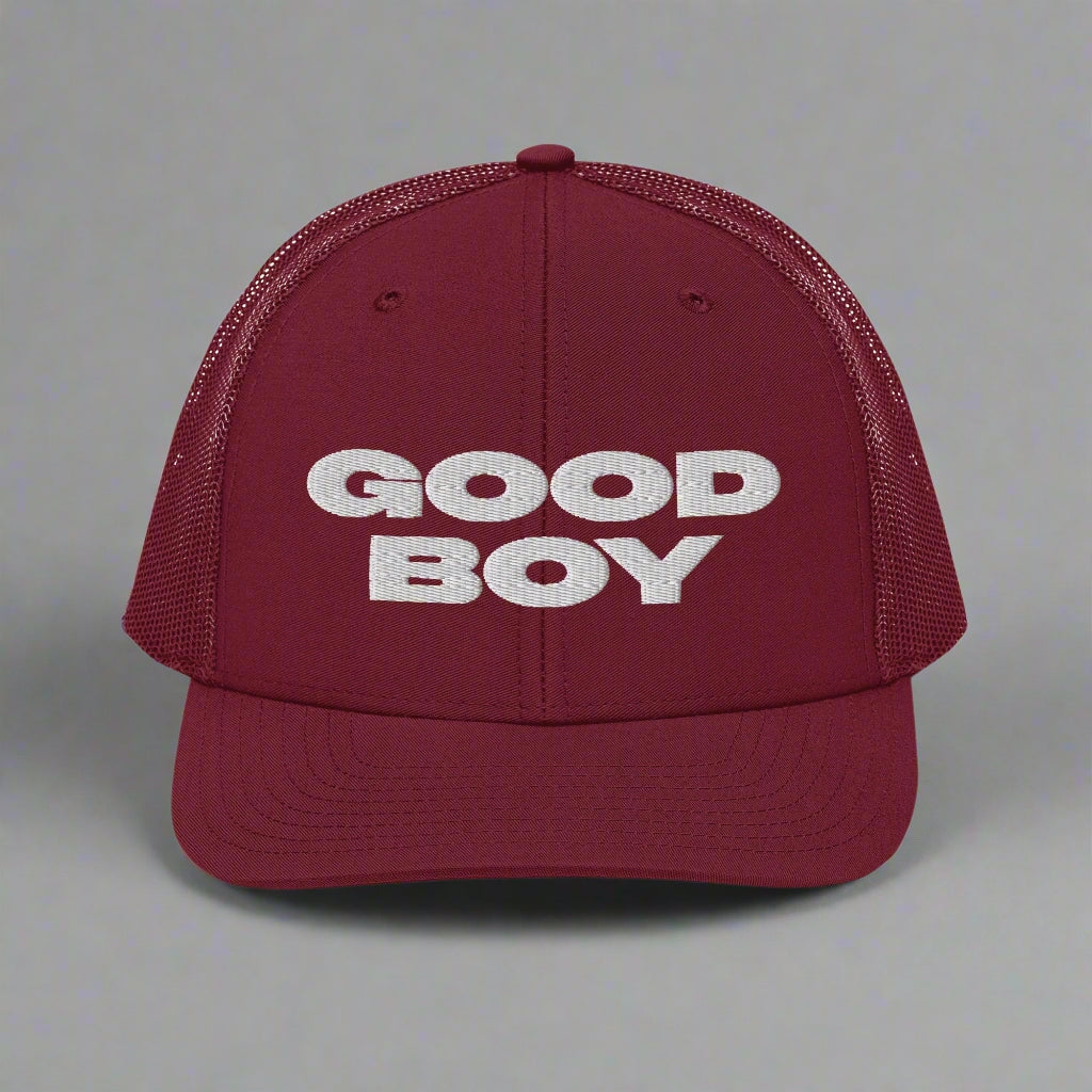 Good Boy Trucker Hat by YES HOMO - Cranberry