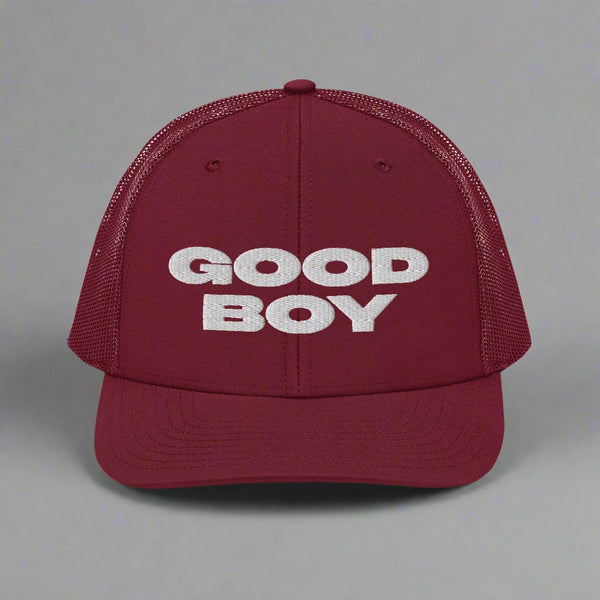 Good Boy Trucker Hat by YES HOMO - Cranberry