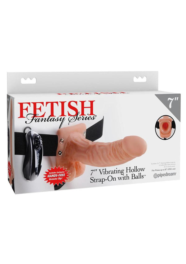 Fetish Fantasy Series Vibrating Hollow Strap-On Dildo with Balls and Harness with Wired Remote Control 7in - Vanilla