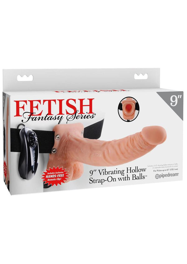 Fetish Fantasy Series Vibrating Hollow Strap-On Dildo with Balls and Harness with Wired Remote Control 9in - Vanilla