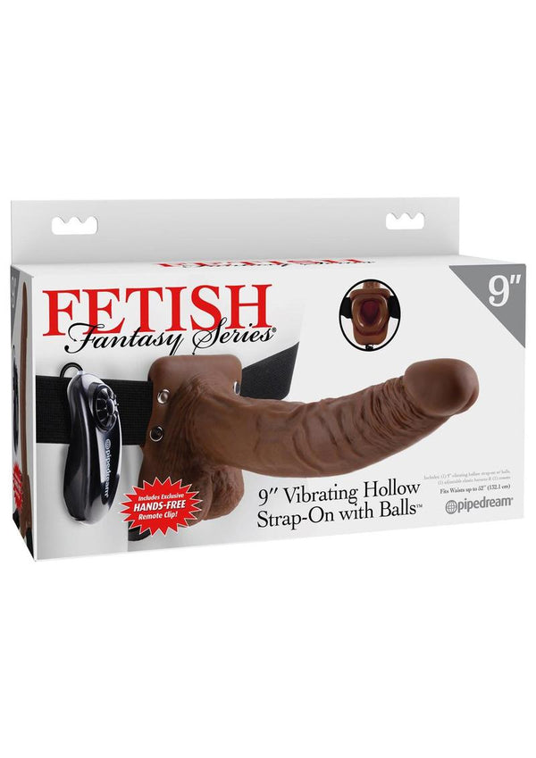 Fetish Fantasy Series Vibrating Hollow Strap-On Dildo with Balls and Harness with Wired Remote Control 9in - Chocolate