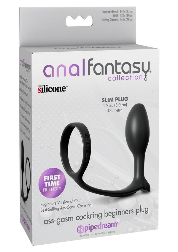 Anal Fantasy Collection Ass-Gasm Beginners Silicone Cock Ring with Butt Plug - Black