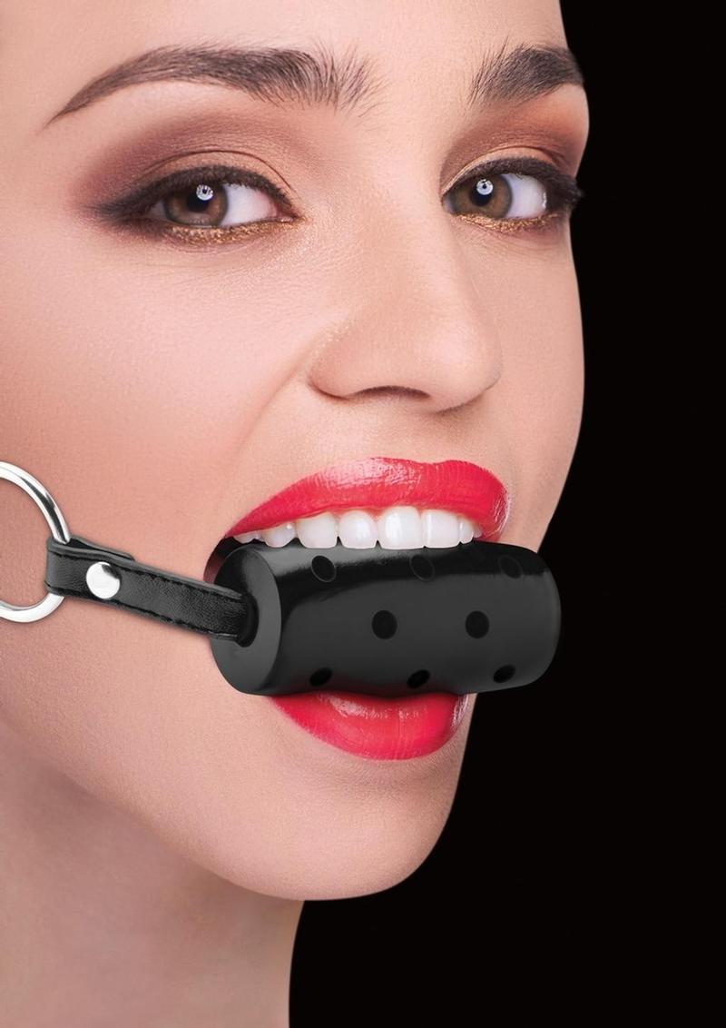 Ouch! Cylinder Gag with Leather Straps - Black