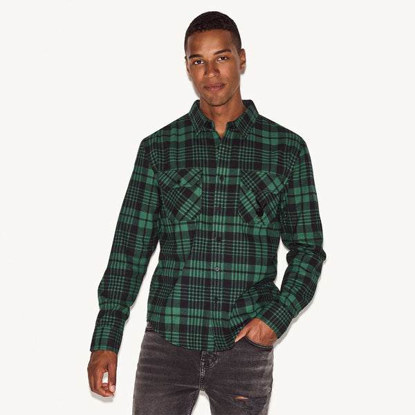 PLAYBOY Men's Green Flannel Long Sleeve Shirt