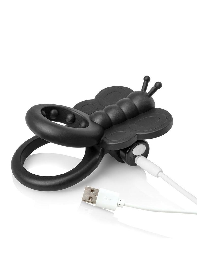 Charged Monarch USB Rechargeable Butterfly Vibe Silicone Cock Ring - Black