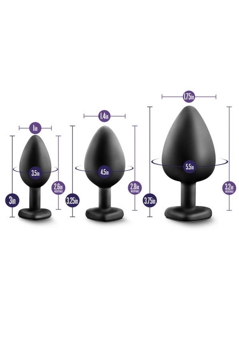 Luxe Bling Butt Plugs Silicone Training Kit with White Gems (3 size kit) - Black