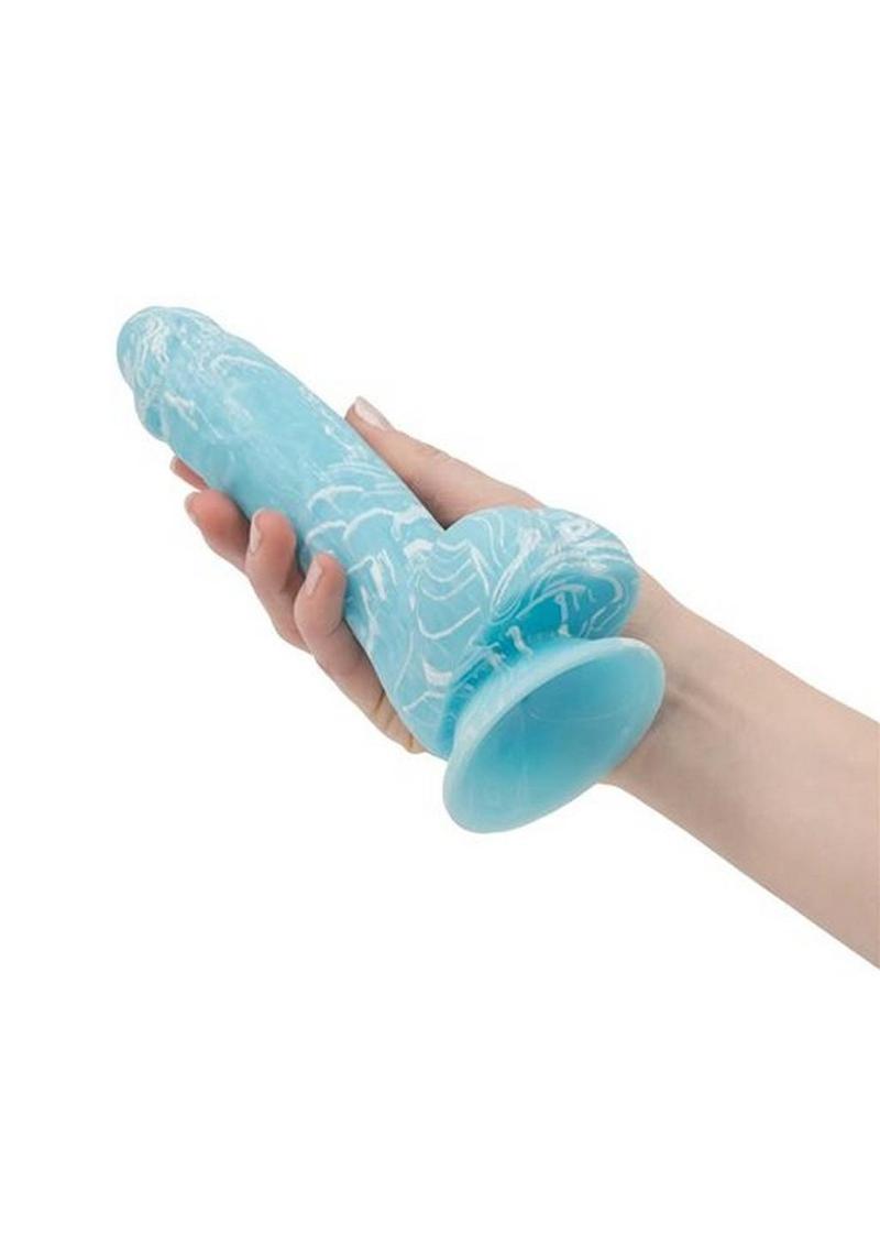 Addiction Toy Collection Luke Silicone Glow-In-The-Dark Dildo with Balls 7.5in - Blue